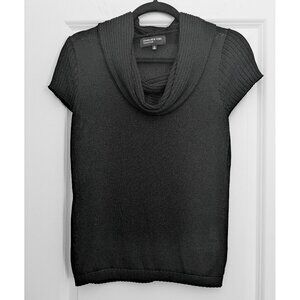 Semi-Sheer Knit Cowl Neck Top - Short Sleeves, Corporate Goth, Dark Minimalist